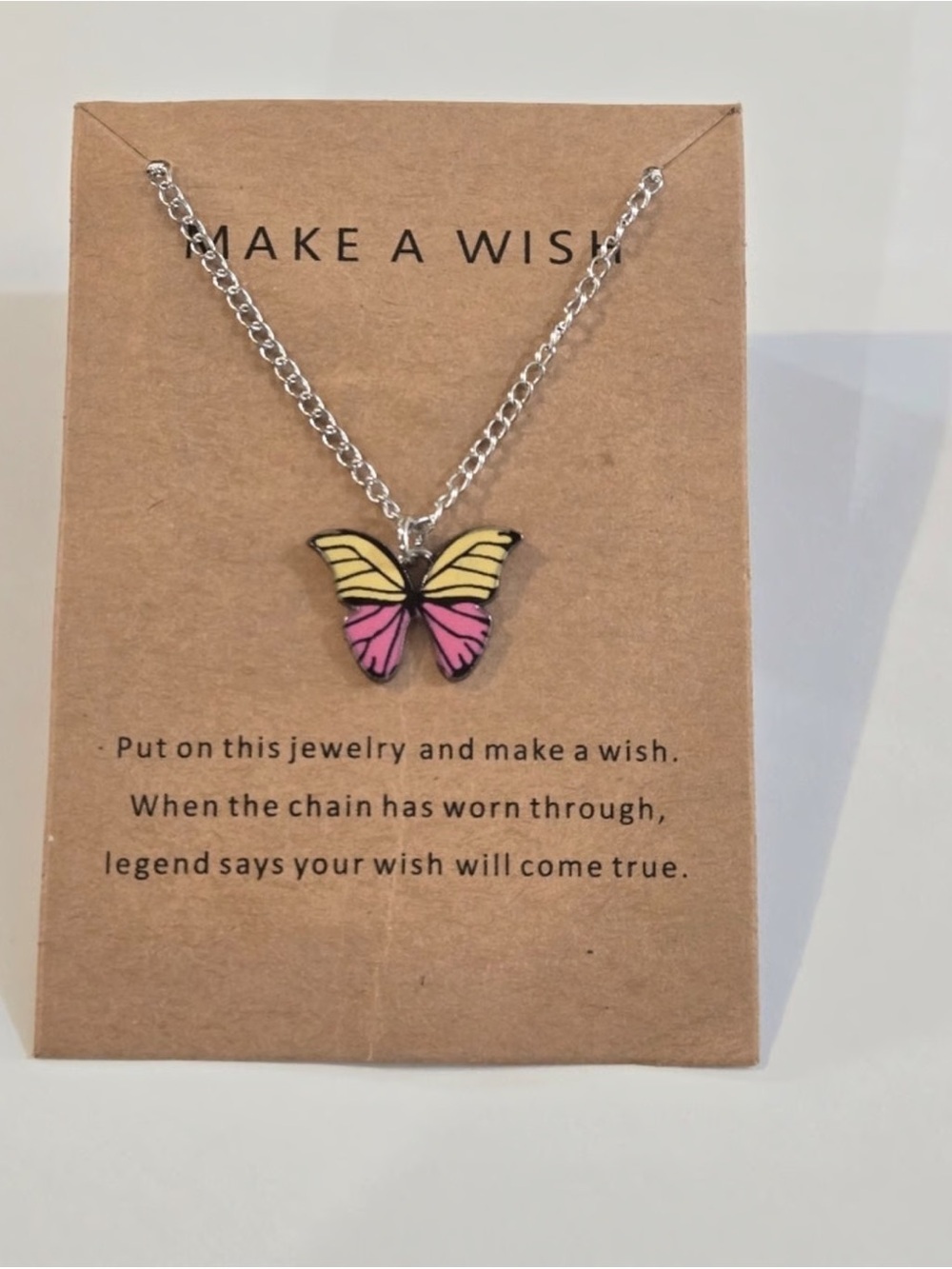 BUTTERFLY "MAKE A WISH" CHARM NECKLACE Jewelry NEW! Pink & Yellow USA SELLER!
